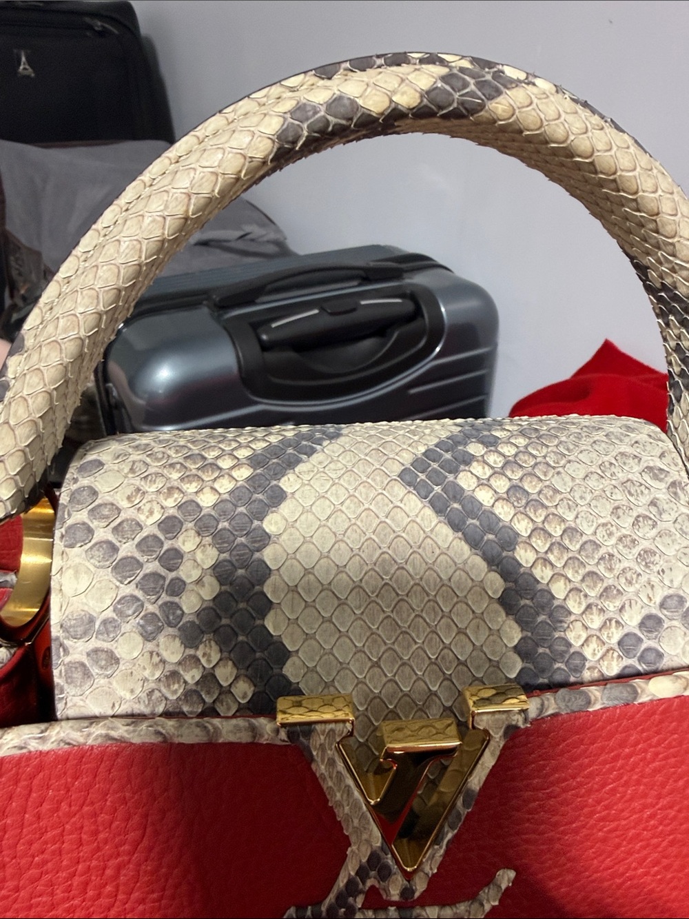 Luxury Red Leather Top-Handle Bag with Snake-Print Flap